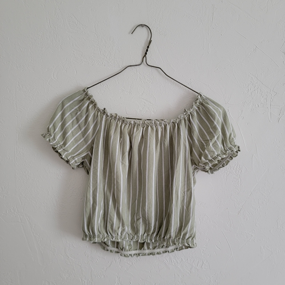 American Eagle Striped Off The Shoulder Ruffled Cropped Top Green Size XS